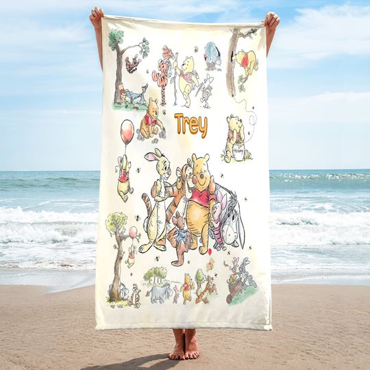 Personalized Watercolor Pooh Beach Towels, Bear and Friends Towels, Birthday Gift For Kids