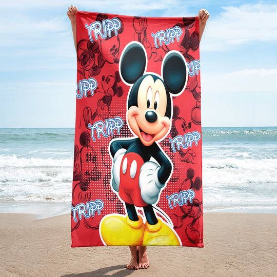 Personalized Cute Red Mouse Towel, Custom Name Animated Mouse Character Beach Towel