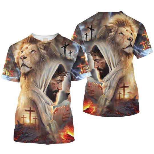Jesus with lion 3D shirt, Jesus All Over printed shirt, Jesus Cross shirt, Jesus apparel