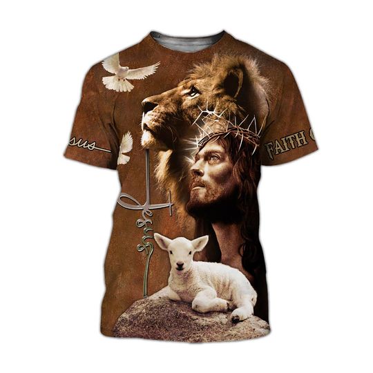 Jesus with lion 3D shirt, Jesus All Over printed shirt, Jesus Cross shirt, Jesus apparel