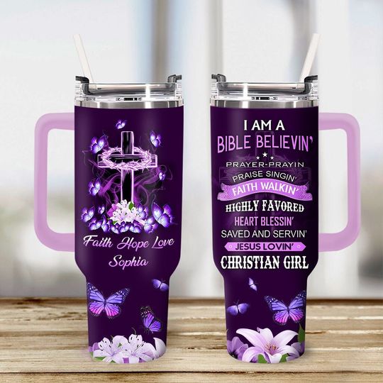 Personalized Jesus And Cross Butterfly 40 Oz Tumbler, Faith Hope Love Tumbler