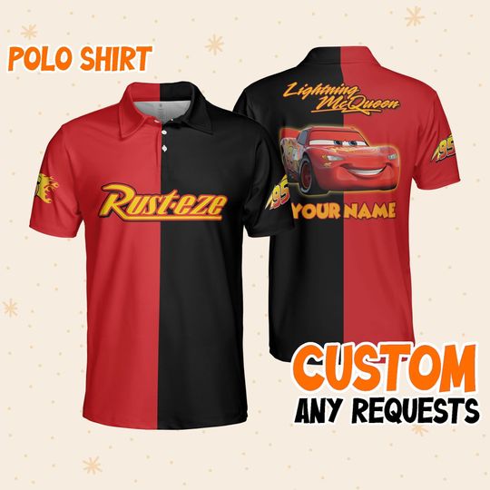 Personalize mcqueen red black polo, Disney Vintage Polos Shirt Disneyworld Gift for Disney Fans