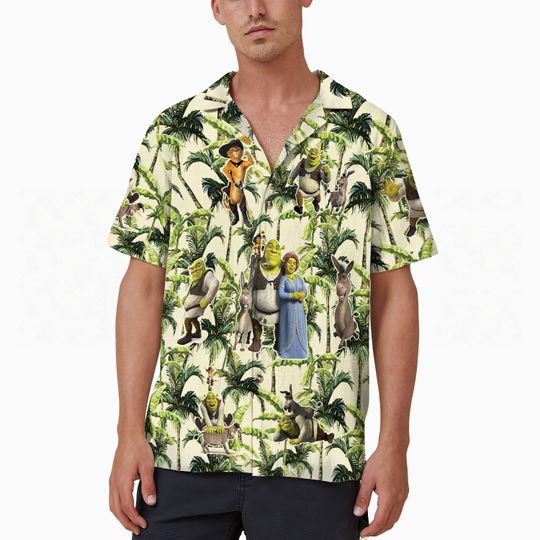 Funny Shrek Tropical Hawaiian Shirt, Shrek and Fiona Disney Hawaii Shirt, Shrek Gift, Shrek Donkey Short Sleeve Shirt