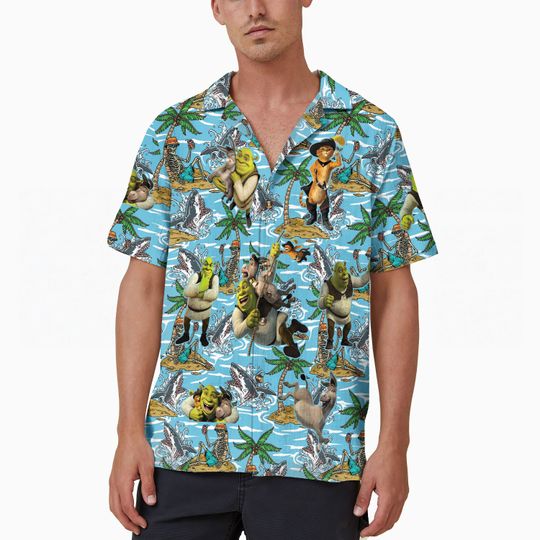 Disney Shrek Cotton Hawaiian Shirt, Funny Shrek and Donkey Aloha Vacation Button Up Shirt