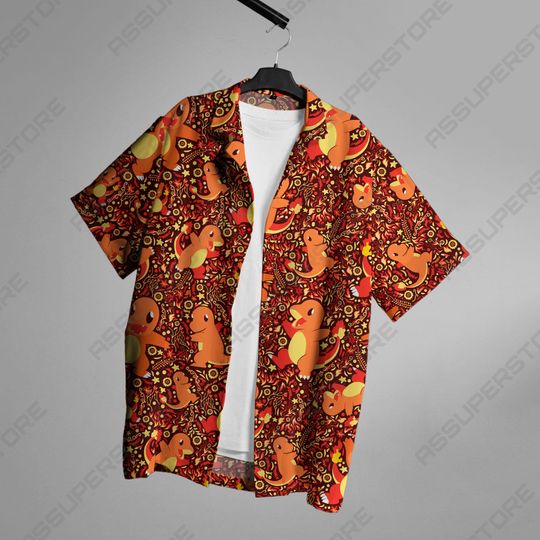 Charmander Hawaiian Japanese Anime Button-Up Shirt Summer Hawaiian Fire Charmander Shirt Gift