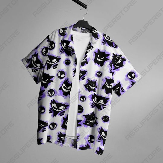 Gengar Hawaiian Button-Up Shirt Apparel for Fans of the Mischievous Ghost Gengar Shirt Gift