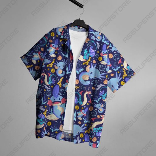 Mudkip Milotic Hawaiian Button-Up Shirt Mudkip Milotic Water Fun Summer Shirts For Unique Gift Idea