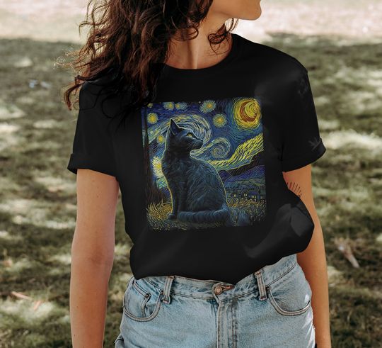 Van Gogh Starry Night Cat for Cat Lover, Cat Mom and Cat Dad T-shirt