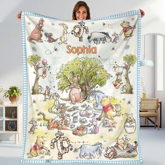 Personalized Watercolor Winnie the Pooh Blanket, Pooh Bear and Friends Blanket
