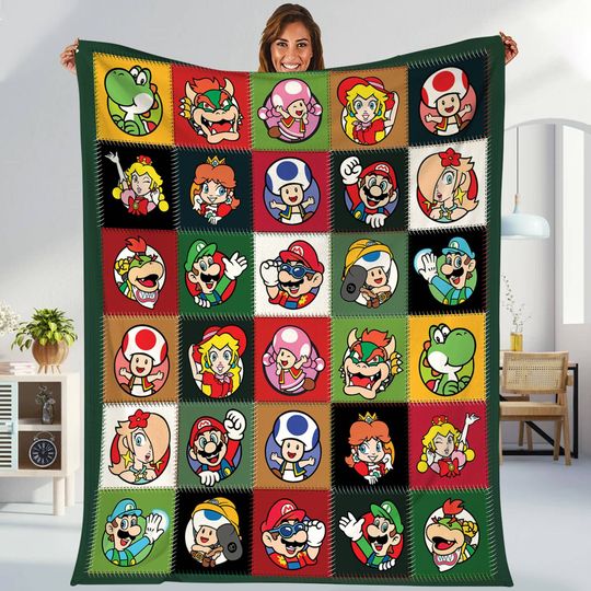 Super Mario All Characters Fleece Blanket | Mario Luigi Bowser Princess Peach Blanket