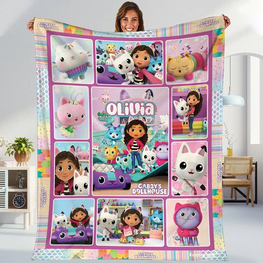 Personalized Gabby's Dollhouse Blanket, Custom Name Gabbys Dollhouse Blanket