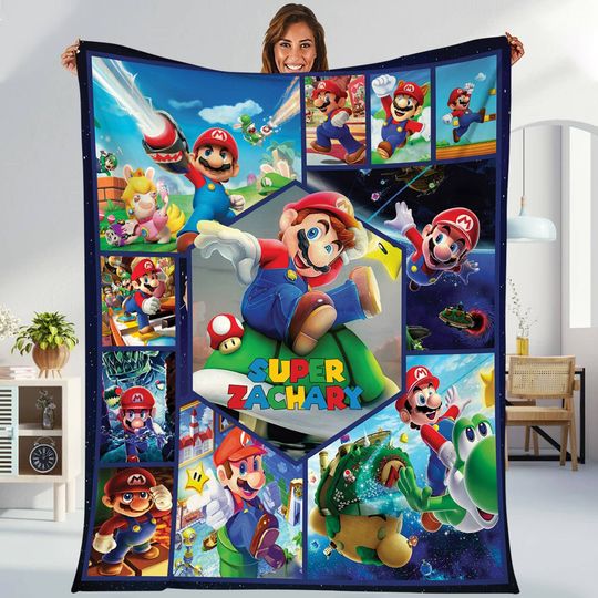Persionalized Super Mario Fleece Blanket, Super Mario Blanket, Mario Luigi Bowser Princess Peach Blanket