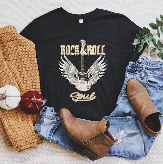 Rock & Roll T Shirt, Rock and Roll Tee, Guitar tee, Boho Wings Tee, Vintage Band Tee