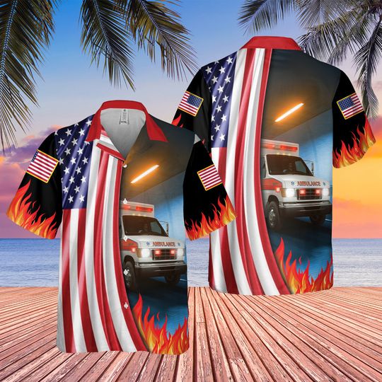 Hawaiian EMT Shirt, American Flag Shirt,  Beach Holiday Hawaii Shirt,  4th Of July Shirt