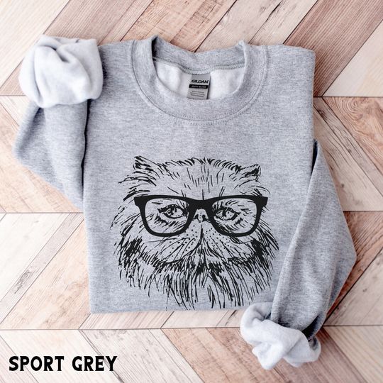 Retro Persian Himalayan Cat Sweatshirt, Nerdy Cat Glasses Hoodie, Long Haired Cat Crewneck Sweater