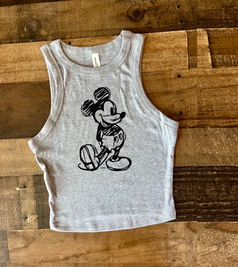 Grey Mickey Crop Tank, Mickey Mouse Tank Womens, Retro Black Mouse tshirt, Limited old school baby tee