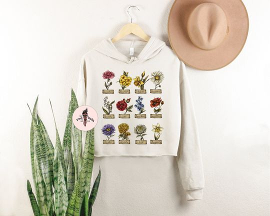Flower meanings crop hoodie, retro vintage flower list hoodie, flower definitions crop top
