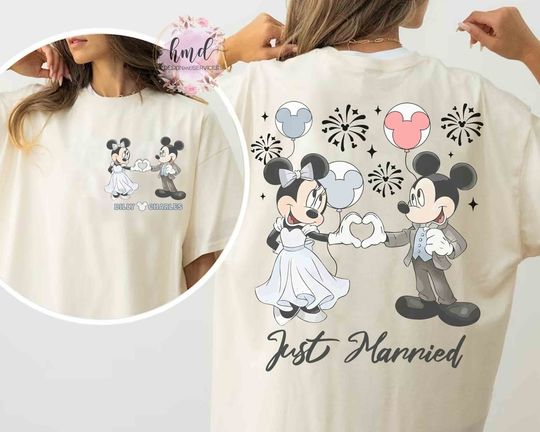 Personalized Just Married T-shirt, Disney Couple Mickey and Minnie Matching Tee