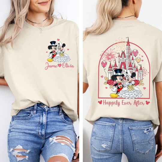 Personalized Two-sided Mickey Minnie Couple Disney Wedding Happily Ever After Shirt