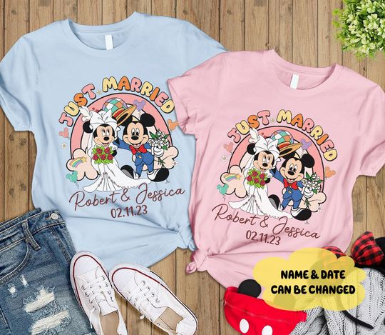 Custom Mickey Minnie Bride and Groom Just Married Shirt, Mickey Minnie Couple Shirt, Wedding Anniversary Gift