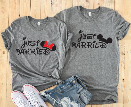 Just Married - Disney Couples Matching Unisex T Shirts - Mickey and Minnie Mouse
