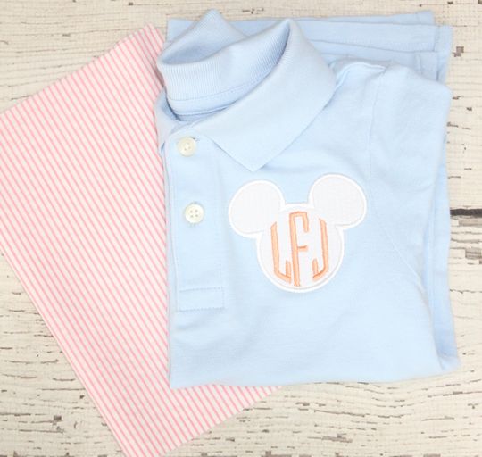 Monogrammed Mickey Shorts Set, Coral Seersucker Mickey Outfit