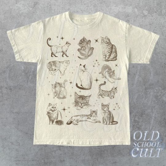 Vintage 90s Tattoo Cat Tshirt, Retro Kitten Nature Shirt, Cat Lovers Gift, Cats In Space Unisex Relaxed Adult Graphic Tee, Funny Gifts