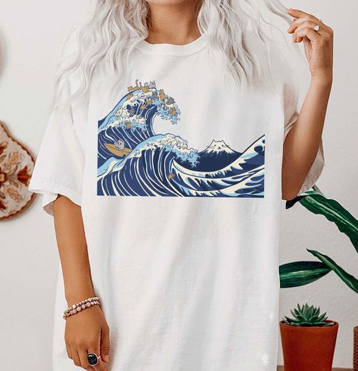 Cats in a Great Wave t-shirt, funny cat t-shirt,  gifts for her, Kawaii clothing,, gift for cat lovers, funny cat tee, great waves t-shirt