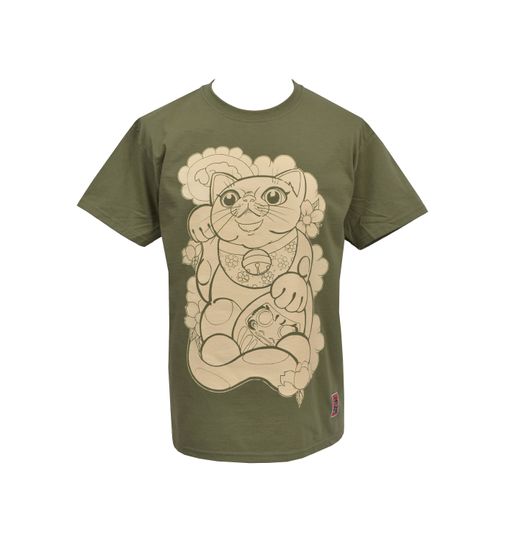 Mens Khaki Lucky Cat T-Shirt - Maneki Neko - Lucky Charm - Daruma Doll