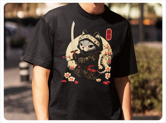 Samurai Cat T-Shirt, Japanese Kawaii Ninja Cat T-Shirt, Samurai Cat Tattoo Style Shirt, Ninja Samurai Kitten, Cat Lover T-Shirt