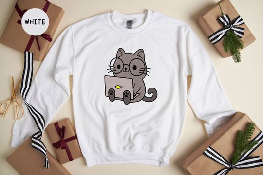 Cute Nerd Cat Shirt, Cat and Lap-top Shirt, Working Cat Shirt, Studying Cat Shirt, Funny Cat Shirt, Cat Lover Shirt