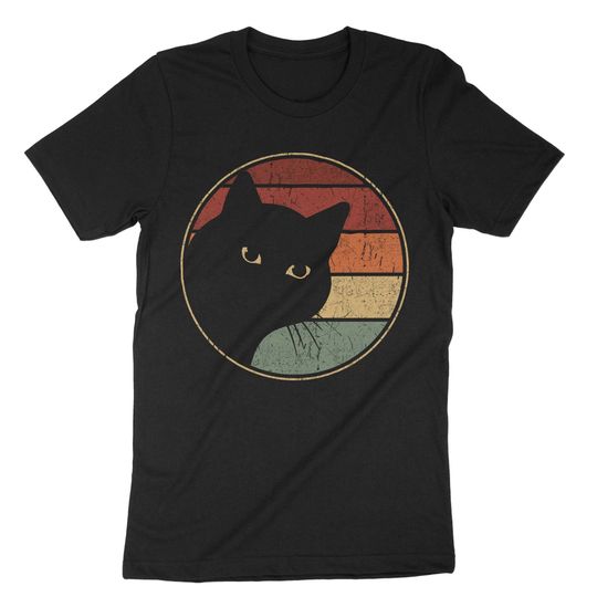 Retro Black Cat, 80s Style Vintage Tee, Minimalist, Meow Mustache Cat, 70s Cat Costume, Black Kitten Lover T-Shirt