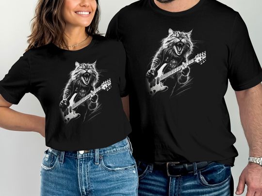 Rock Cat Playing Guitar mens woman Funny Guitar Cat T-Shirt, Unisex Short Sleeve T-Shirt, Rocker Shirt, More Colors!