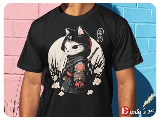 Samurai Cat T-Shirt, Japanese Kawaii Ninja Cat T-Shirt, Samurai Cat Tattoo Style, Ninja Samurai Kitten, Cat Lover Women, Men, Kids T-Shirt