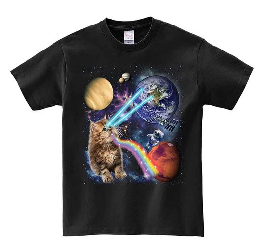 Fluffy Kitten Shooting Laser, Rainbow, Space Galaxy, Cat - Short Sleeve Unisex, Men, Women, Youth T-Shirt - PrintStarTee