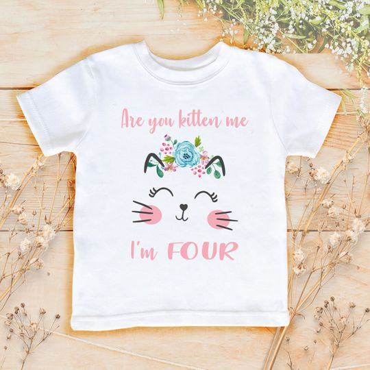 Girl Fourth Birthday kitty Shirt | Are you kitten me Cat T-shirt, 4th birthday Cat lover Outfit | Funny kitten Cat Shirt 886D