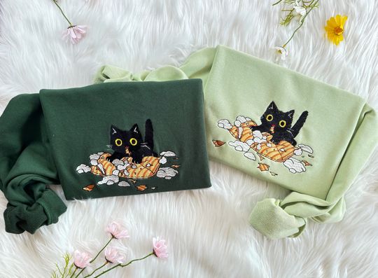 Embroidered Cat Play Pillow Sweatshirt | Cute Cat Embroidered Hoodie | Embroidery Cat T-shirt | Embroidered Cute Cat Crew Neck Sweatshirt