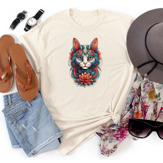 Mandala Cat Head T-Shirt, Lotus T Shirt, Cat and Lotus Shirt, Unisex Crewneck Shirt, Animal Lover Shirt, Cute Gift For Cat Owner