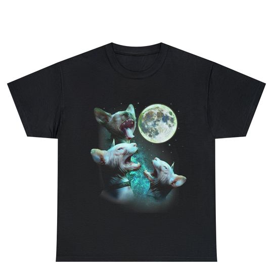 Three Hairless Sphynx Cats Howl At Moon 3 Wolfs T-Shirt