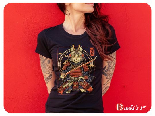Samurai Cat T-shirt, Japanese Cat Art Aesthetic, Cat Lover T-Shirt, Heavyweight Unisex Crewneck T-shirt Men, Women, Kids