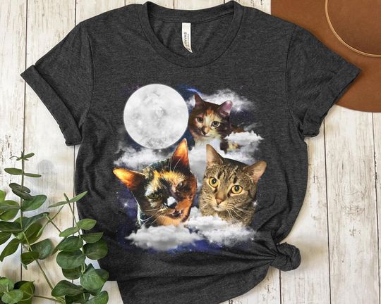 Custom Photo Cats With Moon Comfort Colors Shirt, Personalized Space Pet Portrait T-shirt, Funny Pet Owner Birthday Gift, Cat Lover Tee