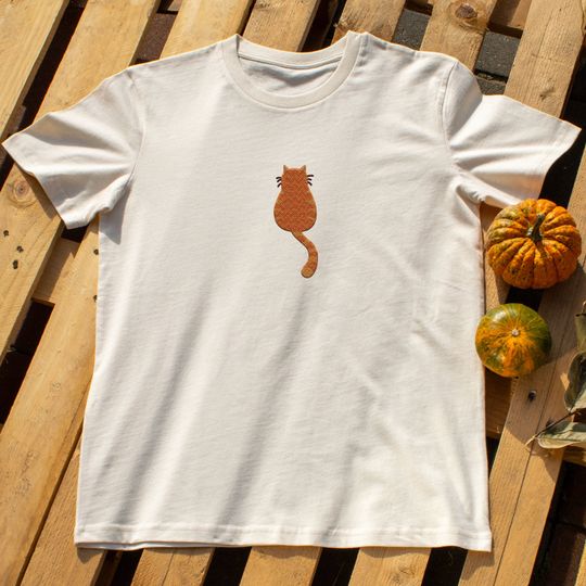 Orange Cat Embroidery T-shirt, Embroidered Gift Tee Shirt, Cute Cat Short Sleeve, Gift For Woman, Cat Lover Gift, Cat Embroidery