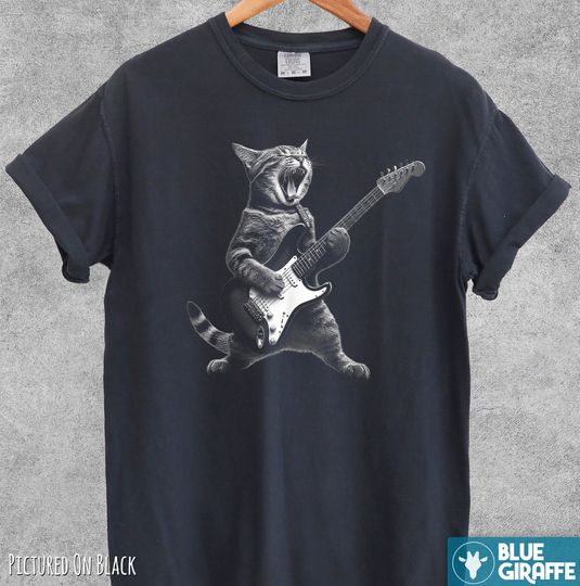 Cat Playing Guitar T Shirt, Retro Funny Rock and Roll Guitar Cat Shirt, Cat Lovers, Rock Lovers Gift, Funny Gift, Rocker Oversized Shirt