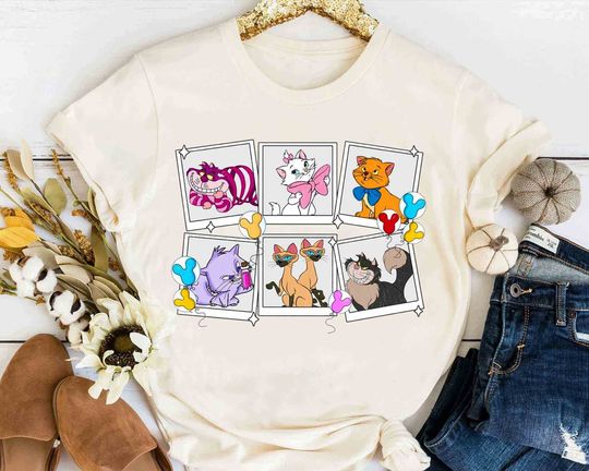 Cute Disney Cats Characters Group Shot Take Photos Retro Shirt, Family Birthday Gift