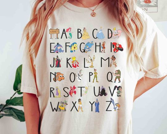 Teacher Alphabet All Disney Characters from A to Z T-shirt