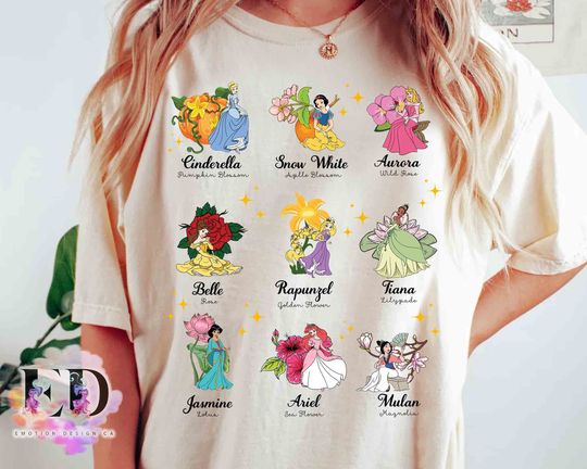 Disney Princesses Type of Flowers T-shirt, Belle Mulan Aurora Tiana Floral Tee