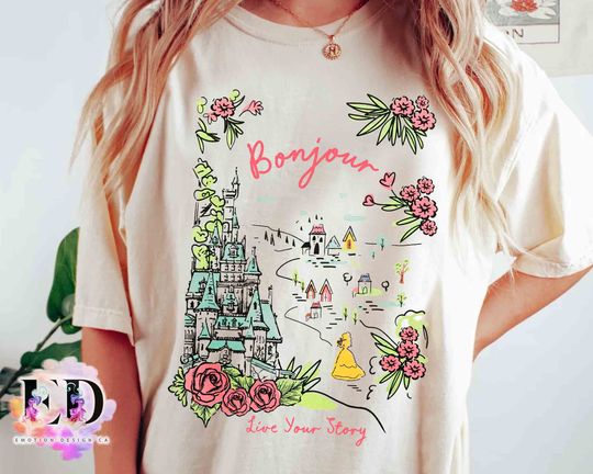 Disney Castle Belle Princess Bonjour Rose T-shirt, Beauty and the Beast Floral Tee