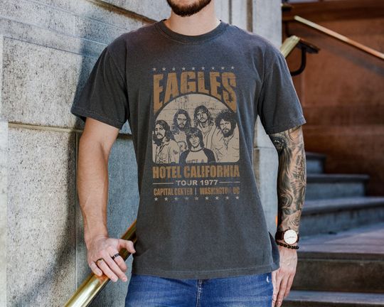 Eagles Hotel California 1977 Tour T-Shirt on Vintage Black Comfort Colors 1717 Tee