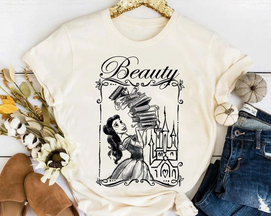Disney Beauty & The Beast Belle Book Stack Graphic Shirt, Birthday Gift