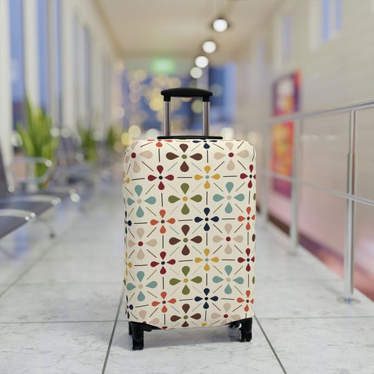 Mid Century Modern Retro Geometric Luggage Cover, 50s MCM Cream, Teal, Mustard, and Rust Suitcase Protector
